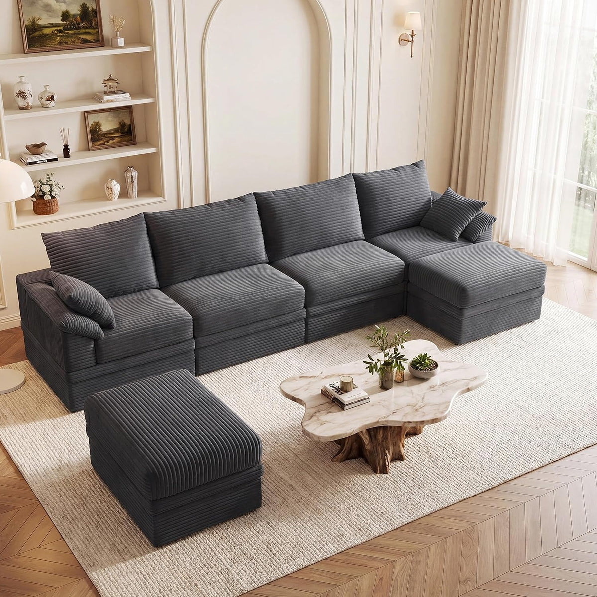 142" Modular Sectional Sofa Couch with Storage,U-Shape 4 Seat Comfy Modern Couch Sofa with Chaise, 27" Deep Seat Corduroy Sofa for Living Room, Tool-Free Assembly - Dark Grey