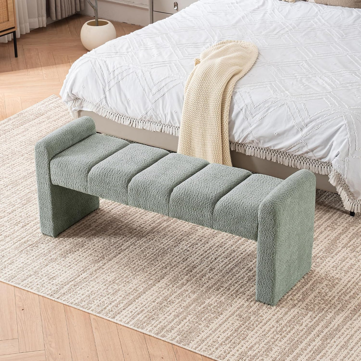 54" Boucle Bench for Bedroom Window End of Bed, Sage | Long Tufted Padded End of Bed Bench, Upholstered, For Living Room/Entryway/Dining Bench/Hallway/Indoor, Modern