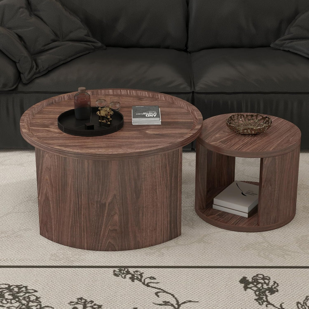 Round Nesting Coffee Table Set 2 with Storage for Small Space, Walnut | Wood Round Center Table Set 2, 2-piece Small Stacking Side Table with Wood Top, Versatile for Bedroom Balcony Apartment