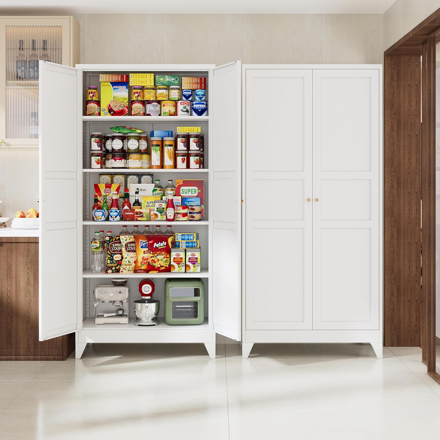 Letaya 75" H Metal Storage Cabinet with 2 Doors and 4 Shelves,Tall Kitchen Pantry Cabinets,Farmhouse Utility Pantry Organizers for Cupboard/Dining/Bathroom/Home Office/Garage Room,White