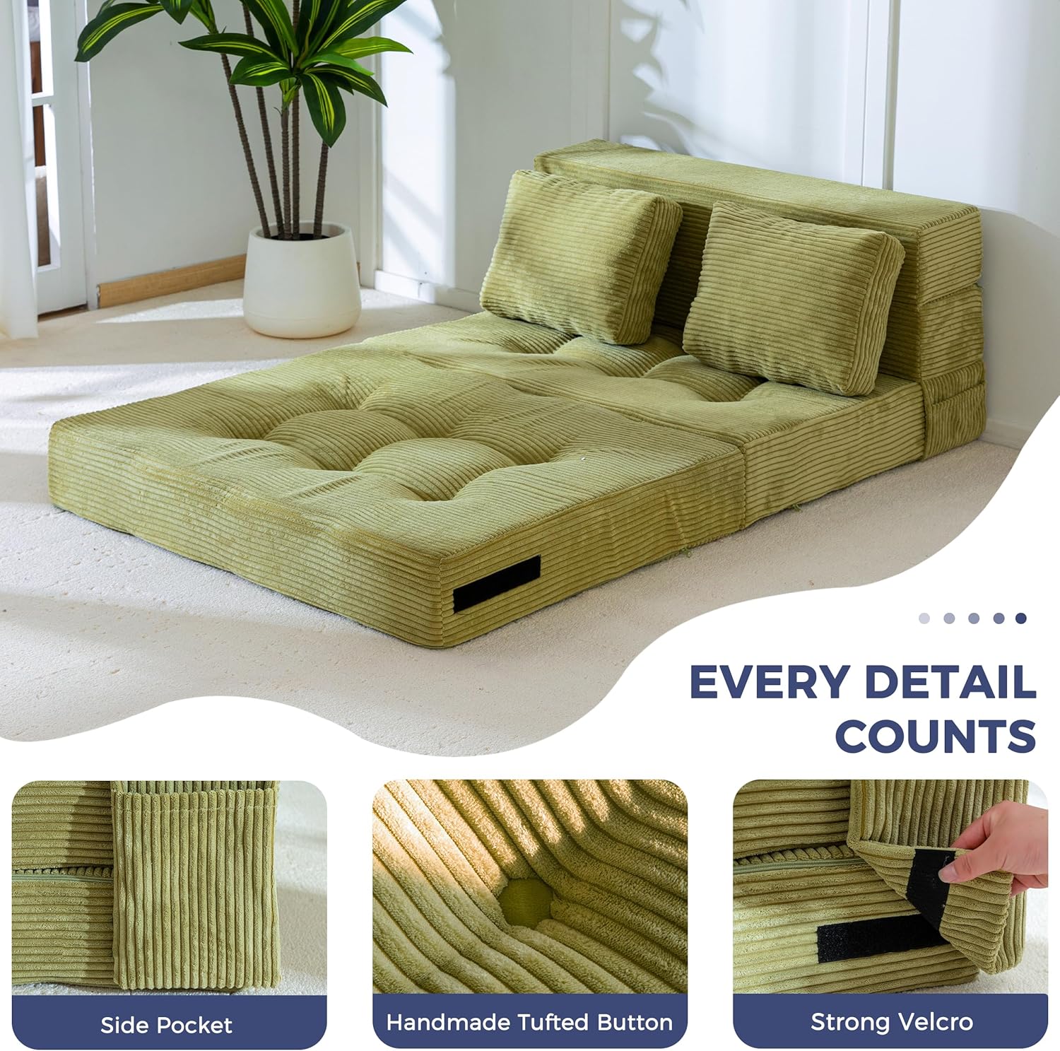 MAXYOYO Convertible Sofa Bed, Fold Out Loveseat Sofa Couch with Pillow, 4 in 1 Tufted Folding Couch Bed Foam Floor Couch, Lazy Chair for Living Room Bedroom Guest Room, Green