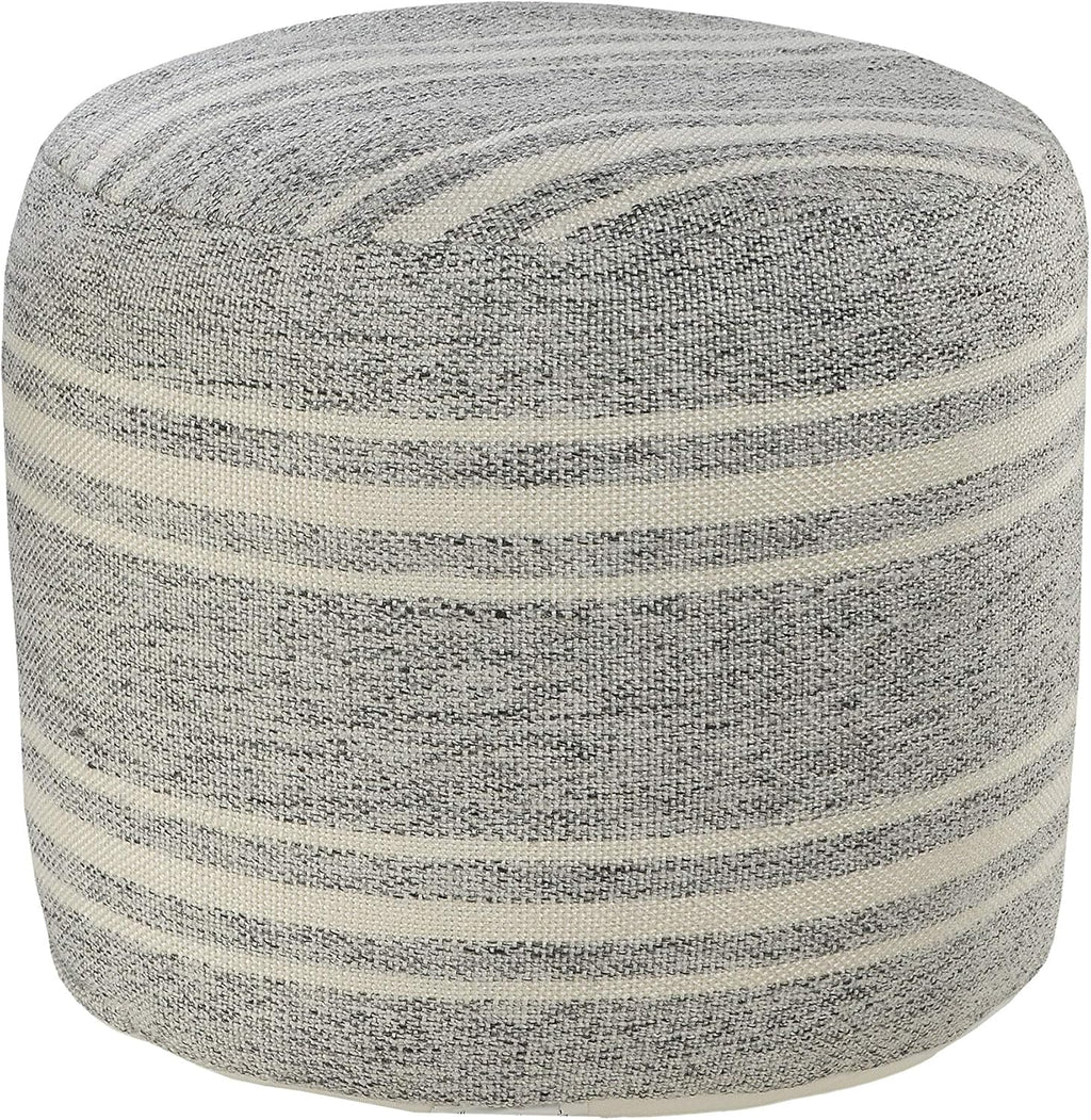 LR Home Ox Bay Farmhouse Triple Stripe Indoor Outdoor Pouf, Gray/White, 18" x 18" x 14"