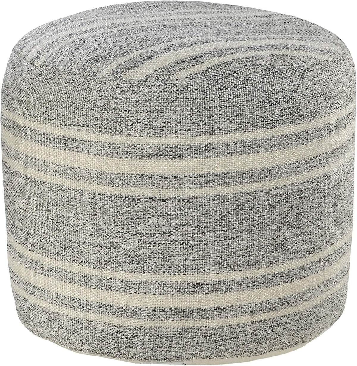 LR Home Ox Bay Farmhouse Triple Stripe Indoor Outdoor Pouf, Gray/White, 18" x 18" x 14"