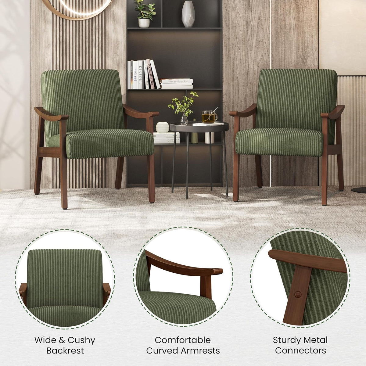 Yaheetech Accent Chairs, Mid-Century Corduroy Fabric Armchairs, Dark Green | Corduroy Chair with Solid Wood Legs, Cozy Reading Leisure Chair for Living Room, Bedroom, Waiting Room