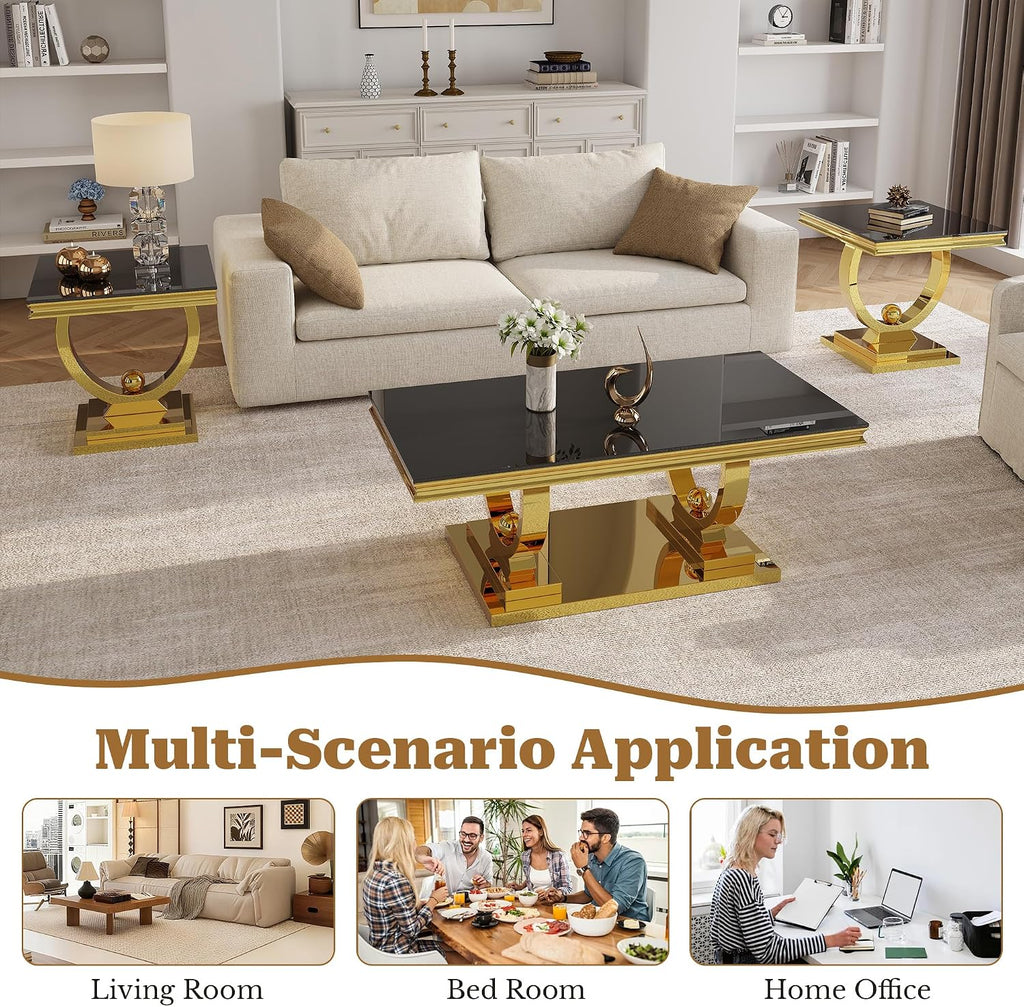 Coffee Table Set of 3, Coffee Table and 2 End Table, Gold/Black | Modern Living Room Table Set of 3, Tempered Glass Top, Stainless Steel Base with Mirror Finish, Easy to Clean & Assembly