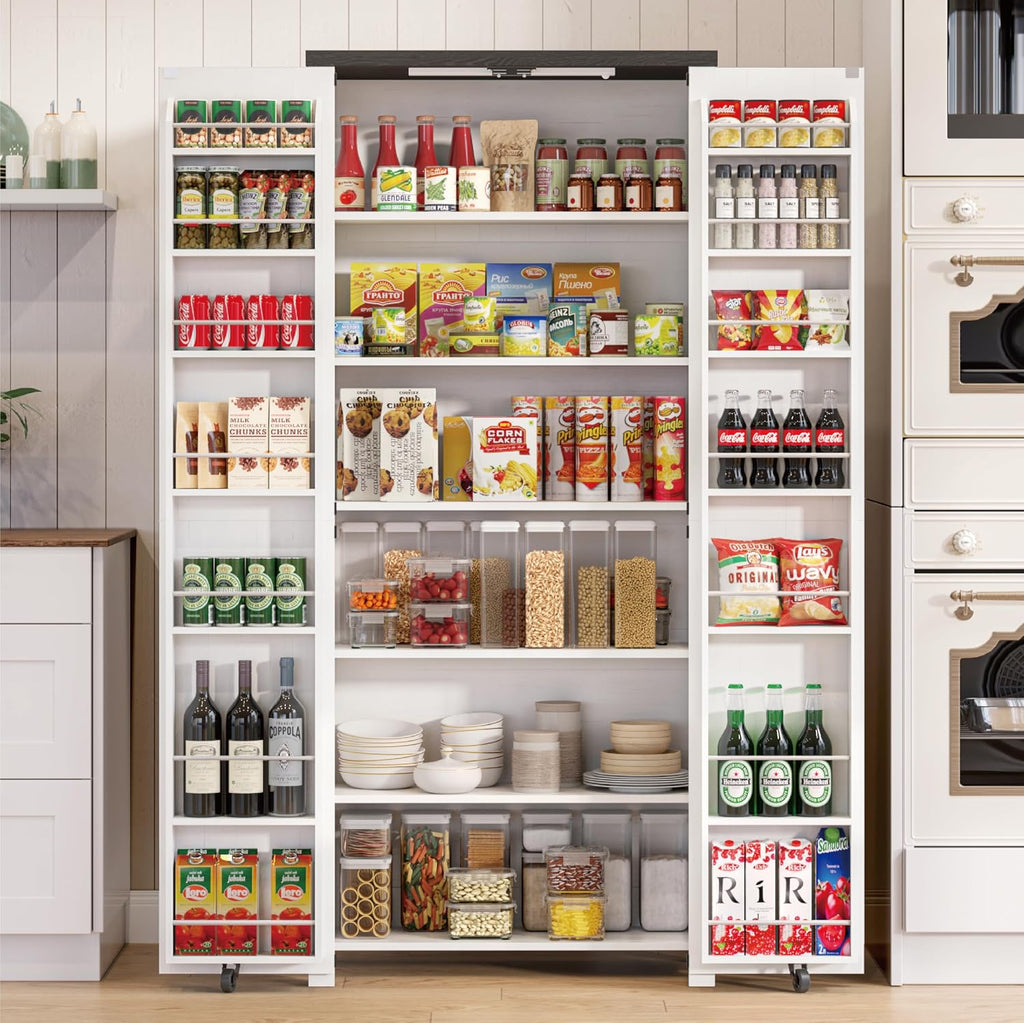 Furnaza Farmhouse 72" H Kitchen Pantry Cabinet with Adjustable Shelves | LED Craft Storage Cabinet Cabinet with 2 Barn Doors for Craft Room,Dining Room,Living Room,Home Office,16"D x 30"W