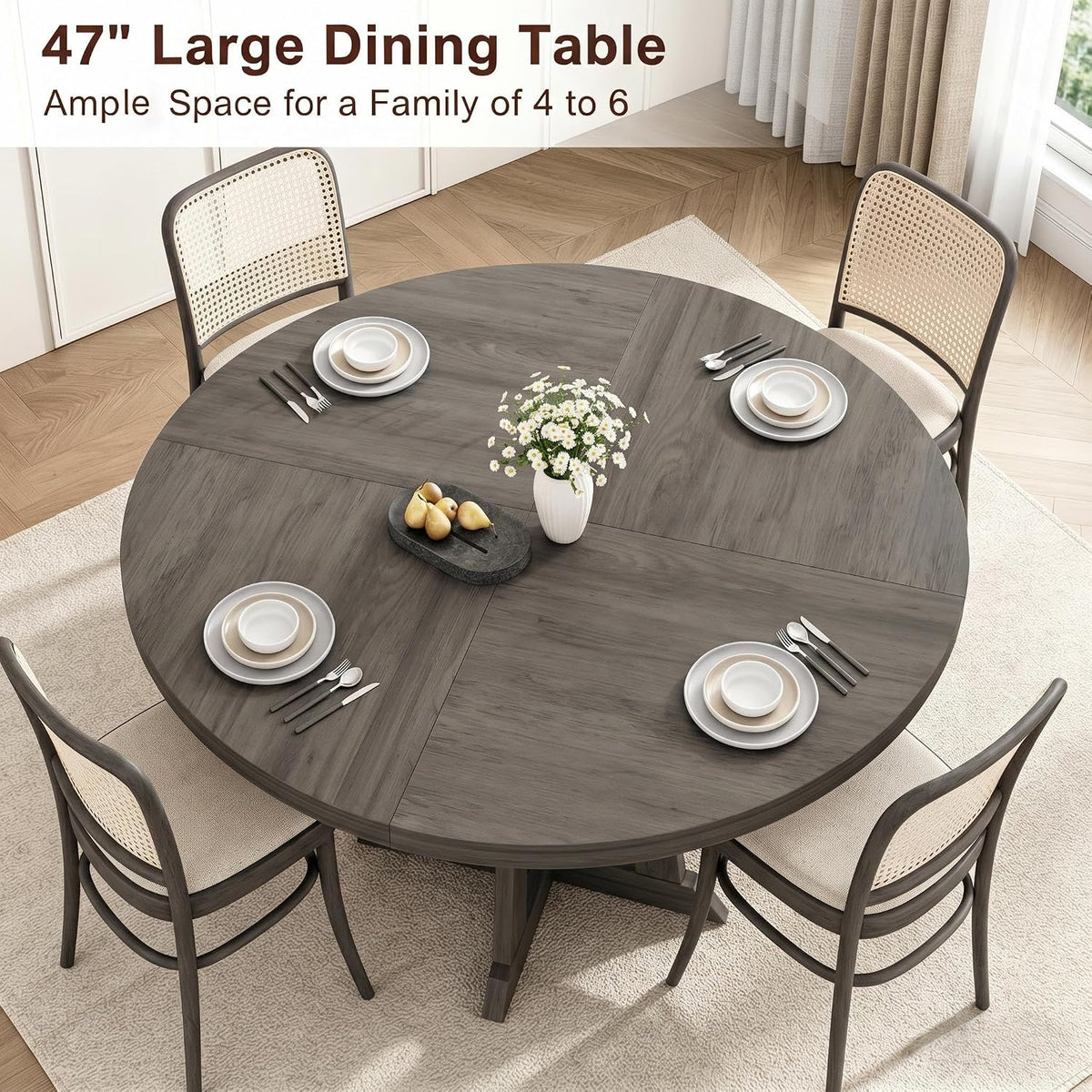 Garvee 47 Inch Round Dining Table for 4-6, Wood Kitchen Table with Cross Base and Adjustable Foot Pads, Dining Room Table with Circle Tabletop for Dining Room, Kitchen, Living Room, Brown
