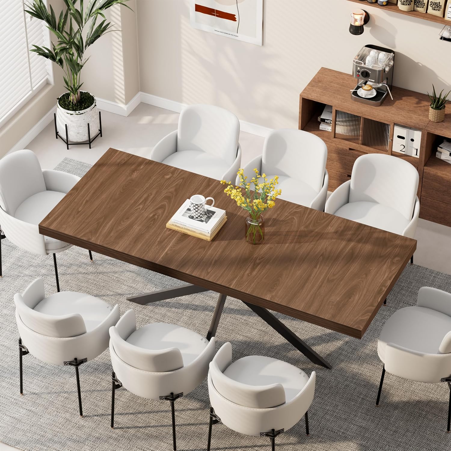 Extendable Dining Room Table for 4-6-8, Large 55''-70.9'' Wood Rectangle Expandable Dining Table with Hidden Storage, Space Saving Farmhouse Kitchen Table for Dining Room Kitchen Office,Walnut