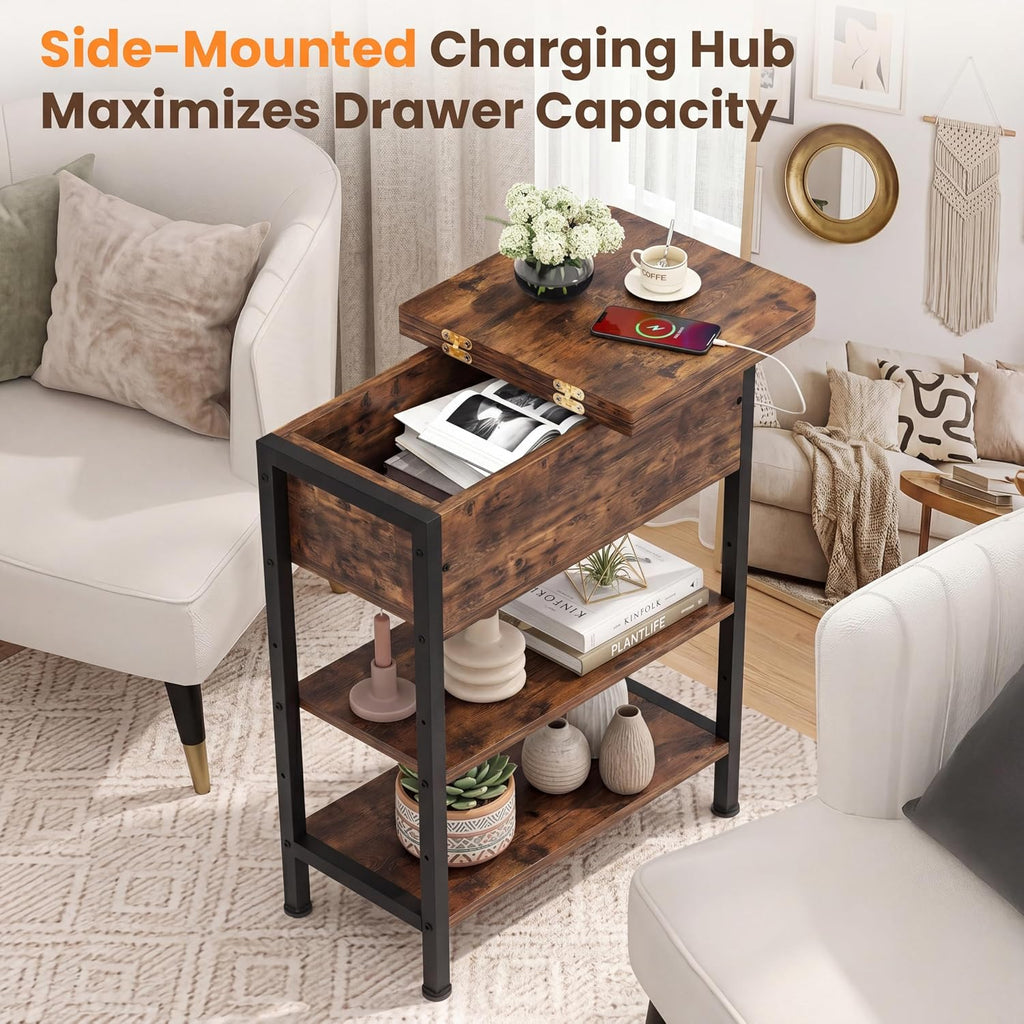 GRUSIGN End Table with Charging Station, Flip Top Side Table with USB Ports and Outlets, 3-Tier Small Side Table with Storage for Small Space, End Tables for Living Room/Bedroom, Rustic Brown
