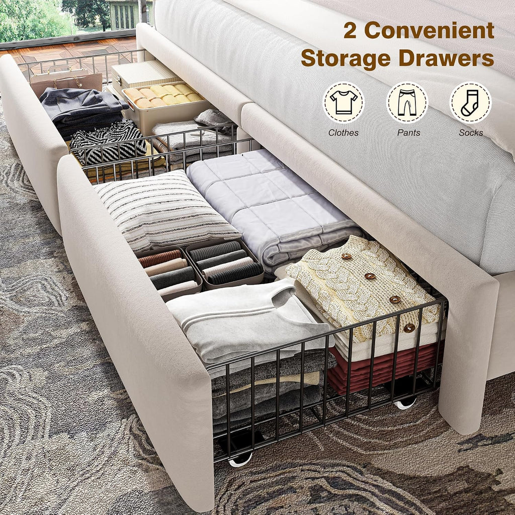 Homkdom King Bed Frame,51.3" Tall Velvet Storage Headboard,2 Drawers,Beige