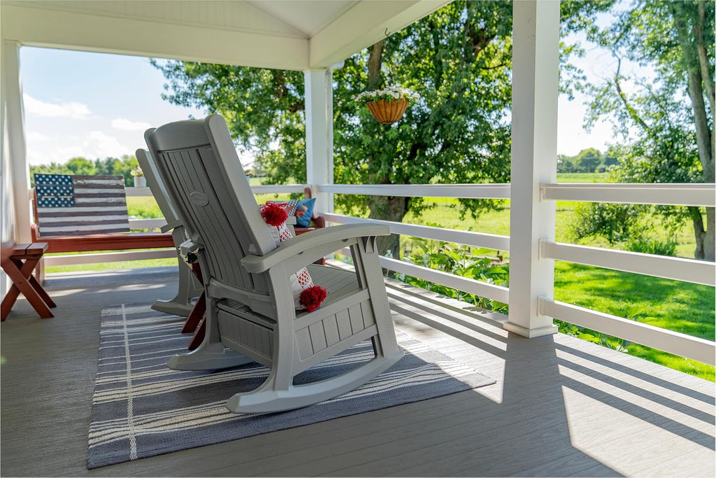 Suncast Outdoor Patio Rocking Chair with Under-Seat Storage, Stylish Faux Wood Outdoor Rocker for Patios, Dove Gray, Made in the USA
