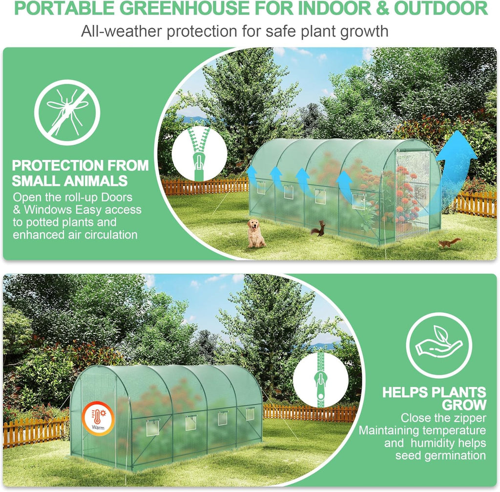 15x7x7 FT Walk-in Greenhouse for Outdoors w/ Watering System,8-Ventilated Screen Window Portable Greenhouse for Winter Plant Protection w/ 2-Zipper Door,PE Cover & Heavy Duty Frame