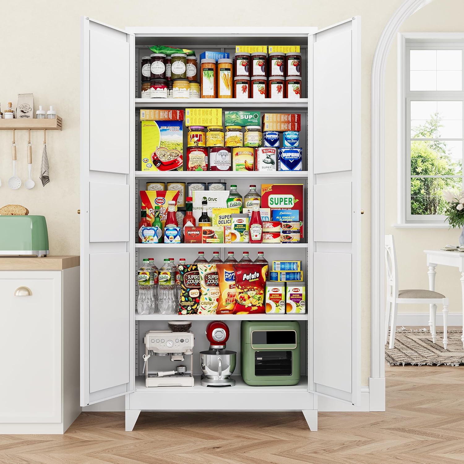 Letaya 75" H Metal Storage Cabinet with 2 Doors and 4 Shelves,Tall Kitchen Pantry Cabinets,Farmhouse Utility Pantry Organizers for Cupboard/Dining/Bathroom/Home Office/Garage Room,White