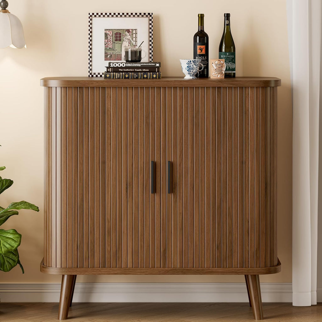Sideboard Buffet Cabinet with Sliding Door, 31.5" Wide Fluted Modern Accent Storage Cabinet with Adjustable Shelves, Wood Coffee Bar Buffet Console Table for Kitchen, Dining Room, Living Room, Walnut