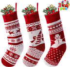 JOYIN 3 Pack 18" Knit Christmas Stockings, Burgundy/White Knitted Large Rustic Yarn Xmas Stockings, Snowflakes/Snowmen/Reindeers Character for Family Holiday Decorations, Wall, Staircase Decoration