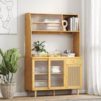 LOKO 69” Tall Bamboo Pantry Cabinet with Hutch, Kitchen Buffet Sideboard with Tempered Glass & PE Rattan Doors, Microwave Shelf, Glass Holder, Floor Cupboard Wine Bar Cabinet, Natural
