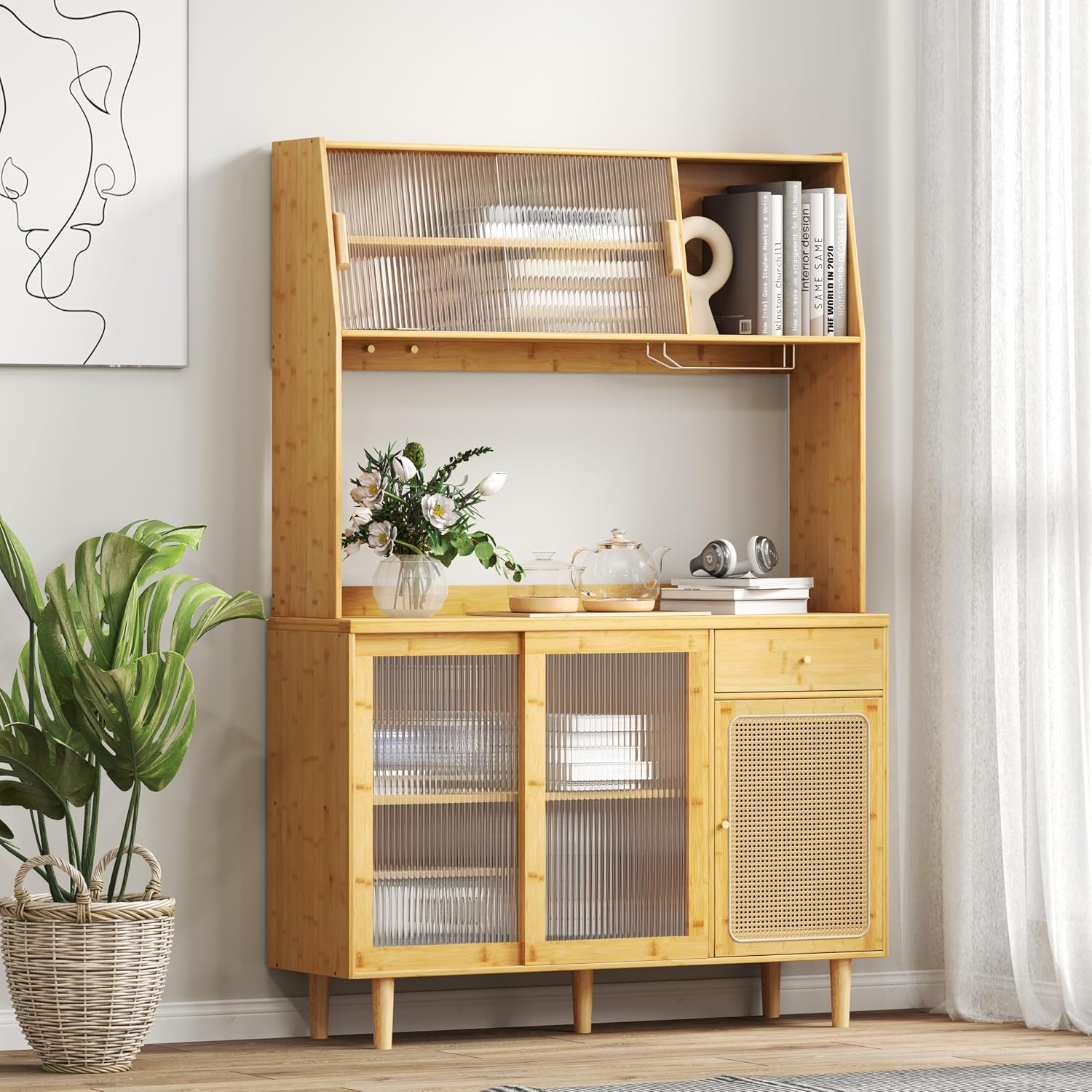 LOKO 69” Tall Bamboo Pantry Cabinet with Hutch, Kitchen Buffet Sideboard with Tempered Glass & PE Rattan Doors, Microwave Shelf, Glass Holder, Floor Cupboard Wine Bar Cabinet, Natural