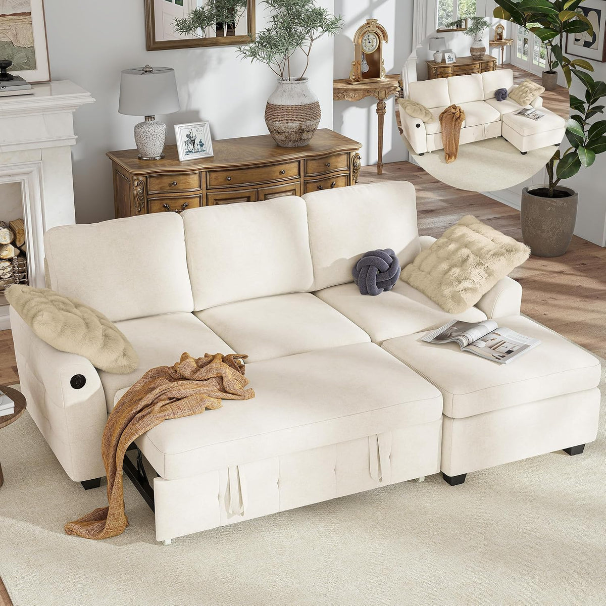 Hanherry 81" Sectional Couch with Pull Out Sofa Bed,Chenille Sleeper Sofa with Storage Ottoman & USB Charging,Comfy L Shaped Modular Couches for Living Room,Apartment