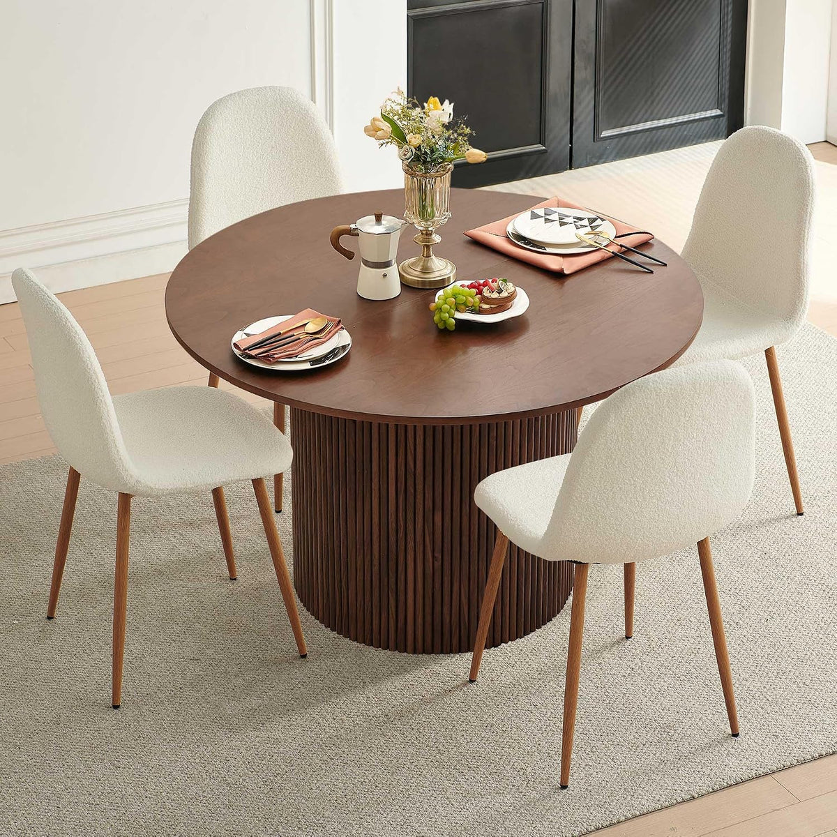 Dining Table Set for 4, Mid Century Modern 47 Inch Wooden Round Dining Table Set, Space Saving (Table + 4 White Chairs)
