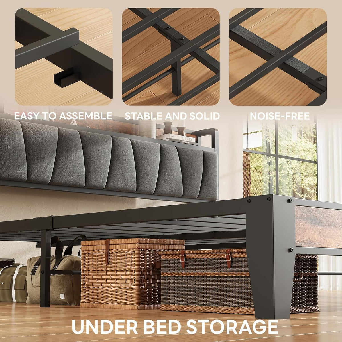 LIKIMIO Queen Size Bed Frame with Storage Headboard and Charging Station