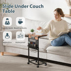 Adjustable Height Couch Table with USB-C Charging Station & Pocket Storage – Compact Couch Stand with Hooks & Wheels for Small Spaces & Living Room, Adjustable C Table (Rustic Brown)