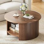 Round Coffee Table with Storage, 31.5" Modern Fluted Center Table, 2-Tier Mid Century Coffee Table, Wood Circle Table for Living Room, Home Office, Small Space, Walnut