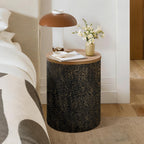 LuxenHome Round Side Table, 20" Black and Gold Metal Base with Wood Top,Small Accent Stool End Table for Small Place,Bedside Nightstand for Living Room, Bedroom, Office, Bathroom