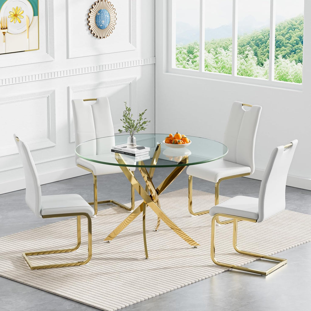 5-Piece Dining Room Table Set, Modern 36" Round Gold Glass Dining Table Set for 4, Kitchen and Dining Table Set with 4 White PU Leather Dining Chairs for Dining Room Kitchen