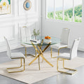 5-Piece Dining Room Table Set, Modern 36" Round Gold Glass Dining Table Set for 4, Kitchen and Dining Table Set with 4 White PU Leather Dining Chairs for Dining Room Kitchen