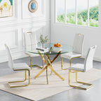 5-Piece Dining Room Table Set, Modern 36" Round Gold Glass Dining Table Set for 4, Kitchen and Dining Table Set with 4 White PU Leather Dining Chairs for Dining Room Kitchen