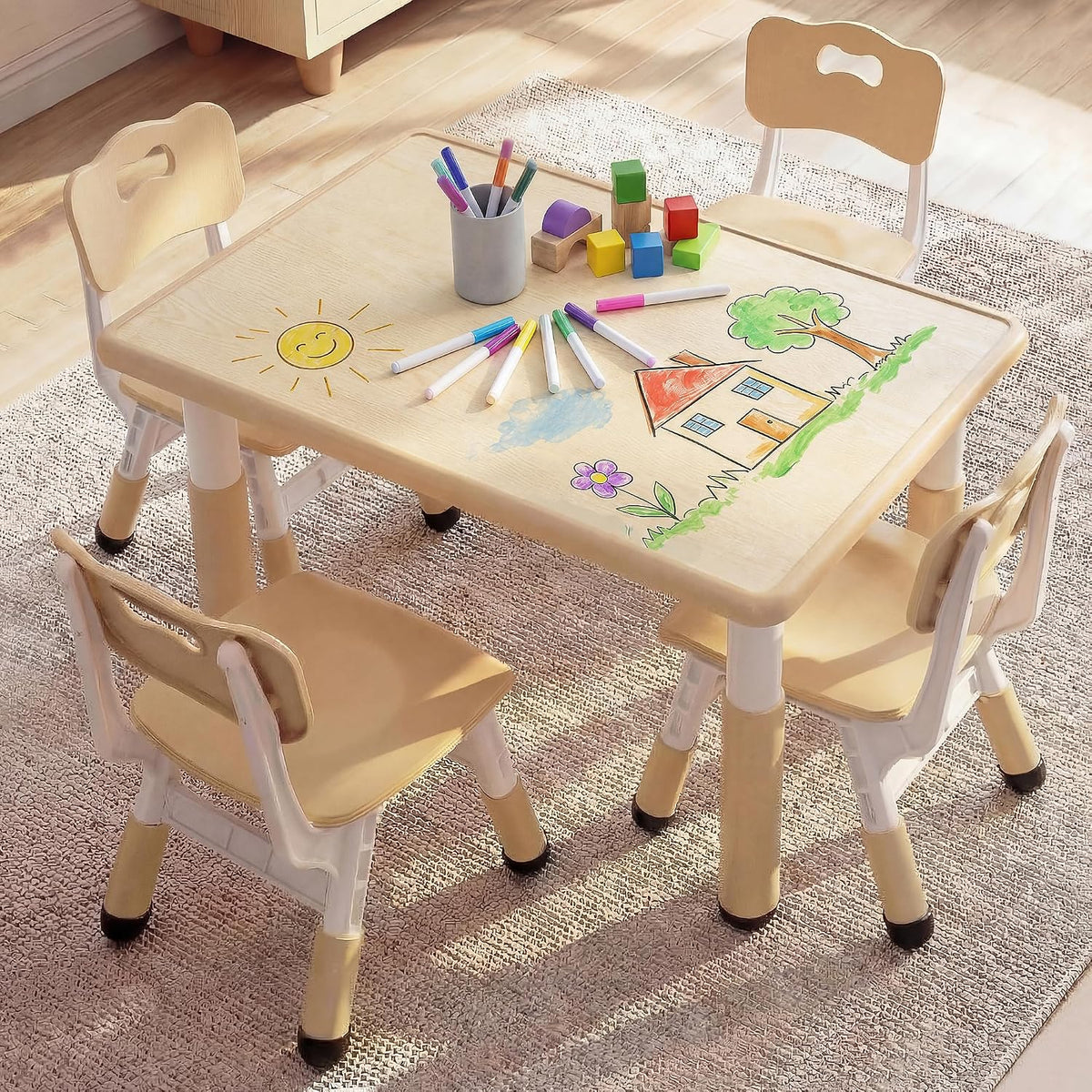 Kinder King Kids Table & 4 Chairs Set, Adjustable Heights, Khaki | Graffiti Tabletop, Children Activity Table, Studying, Drawing, Toddler Furniture Set for Playroom, Daycare, Home, Age 3+
