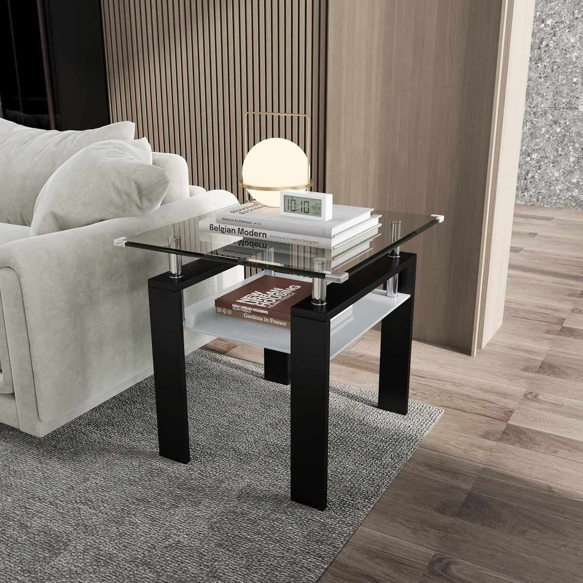 Square Glass End Table,2-Tier Tempered Glass Modern Living Room Side Table with Metal Leg,Living Room/Small Space/Apartment