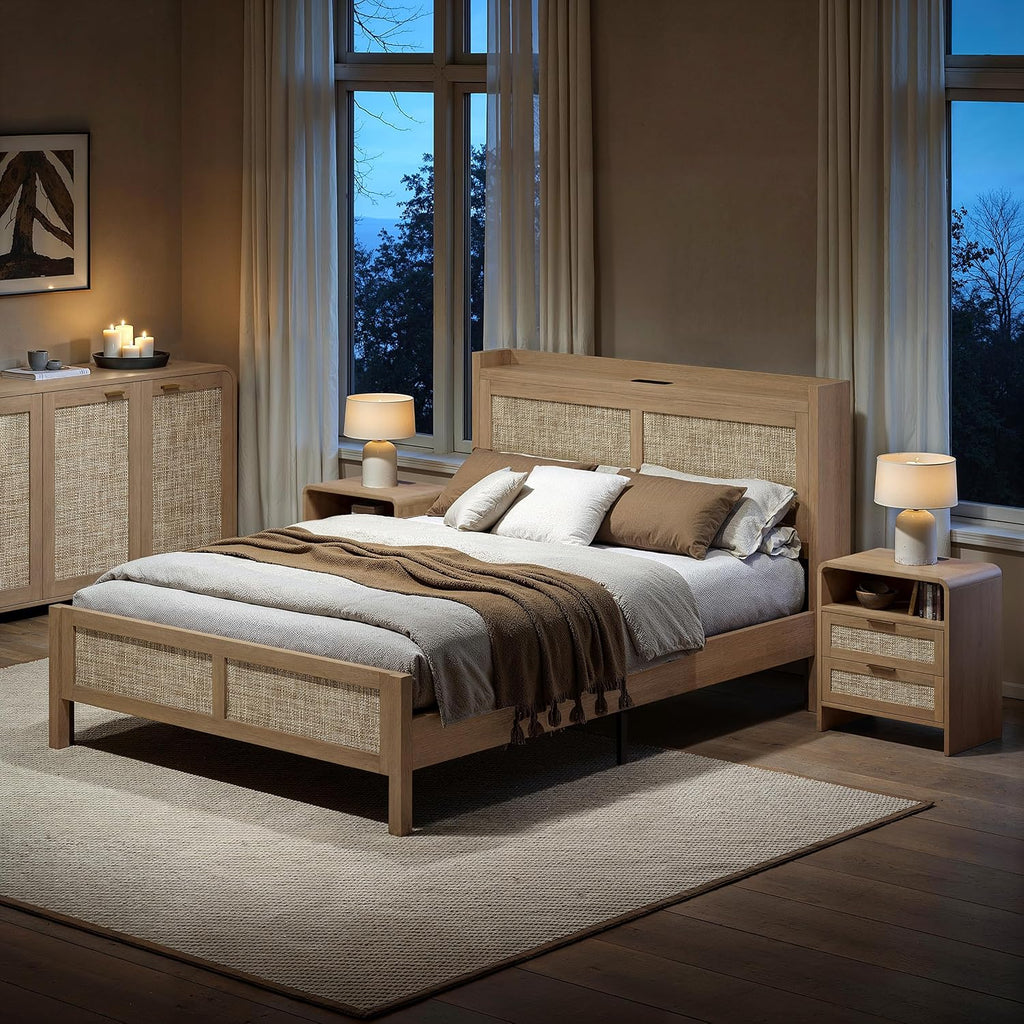 Evermagin Rattan Bed Frame Queen Size with Woven Headboard, Natural Oak