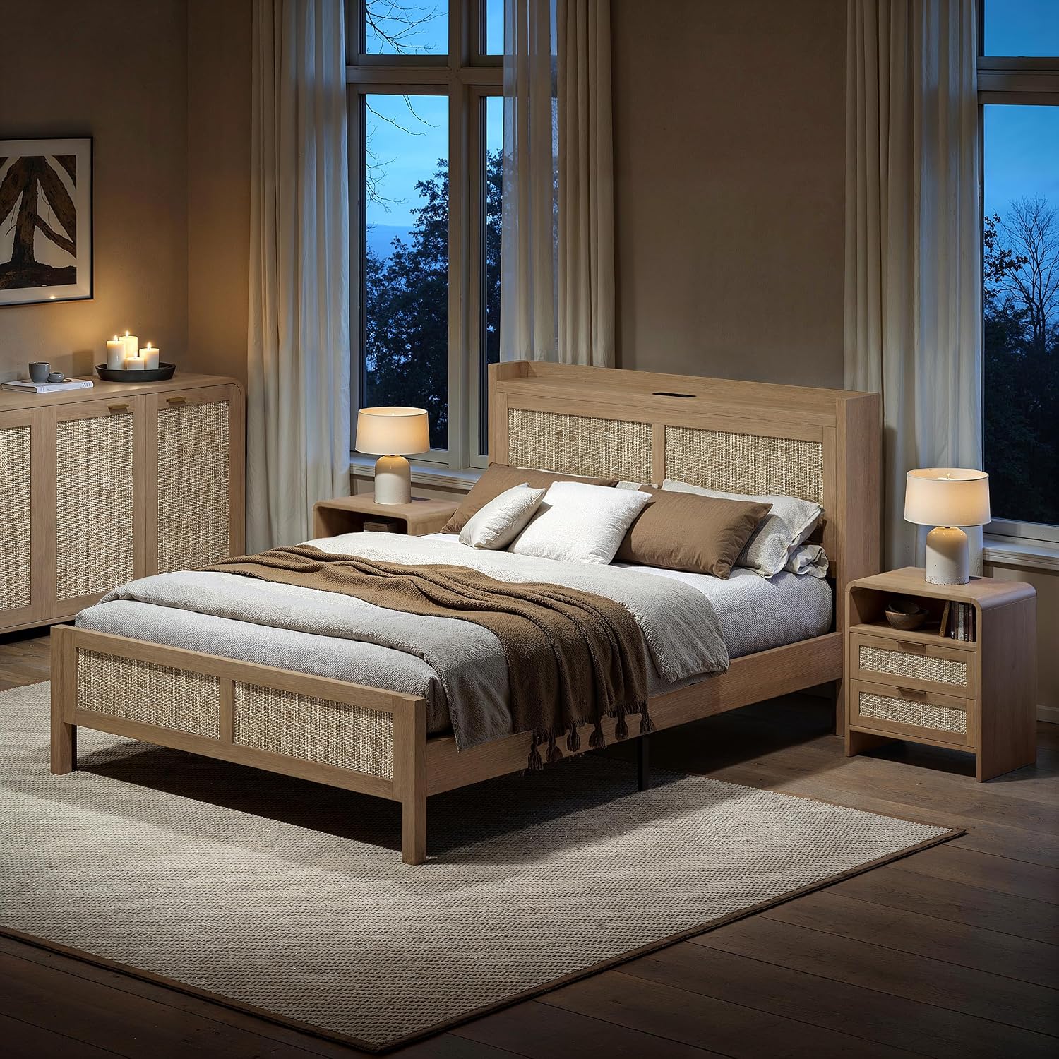 Evermagin Rattan Bed Frame Queen Size with Woven Headboard, Natural Oak