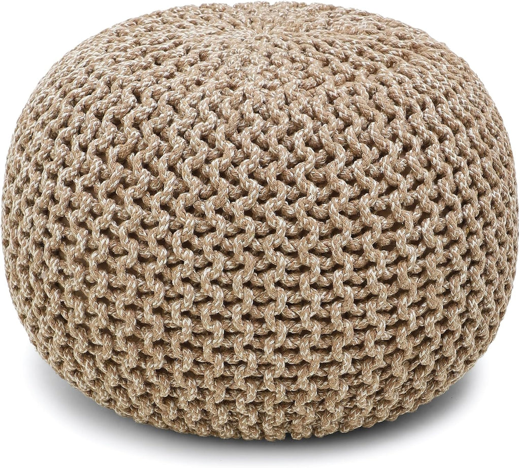 · REDEARTH · Round Pouf Ottoman - Hand Knitted Boho Poof - Beige Ivory