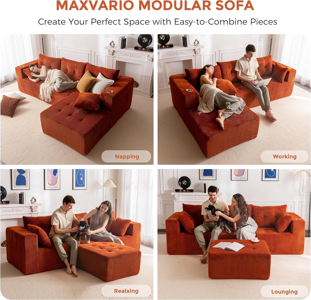 MAXYOYO Couch, L-Shaped Modular Cloud Couch, 4-Seat Sofa, Ottoman | Orange Tufted Sofa in a Box Includes One Ottoman, No Assembly, Offering Flexible 4-Seat Comfort for Modern Living Rooms
