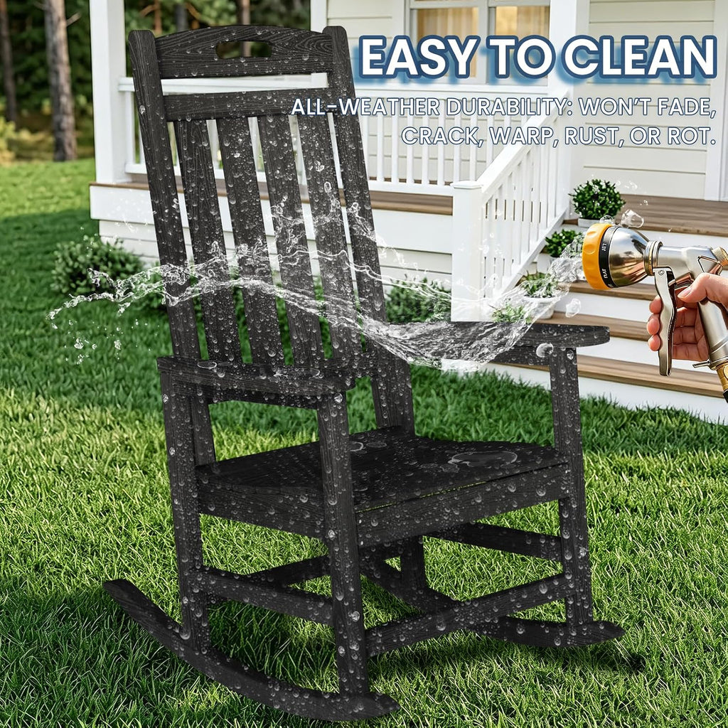 Oversized Outdoor Rocking Chair, HDPE Plastic High Back Rocking Chairs | Wood Grain, Heavy-Duty Patio Rocker, All Weather Outdoor Porch Chair, Lawn Chair for Outside, Deck, Fire Pit, Black