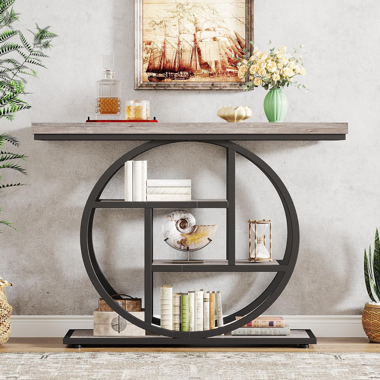 Tribesigns 41.3" Console Table, Industrial 4-Tier Sofa Table Entryway Table with Circle Base, Narrow Wood Accent Tables with Storage Shelves for Living Room, Hallway, Foyer, Gray | Industrial