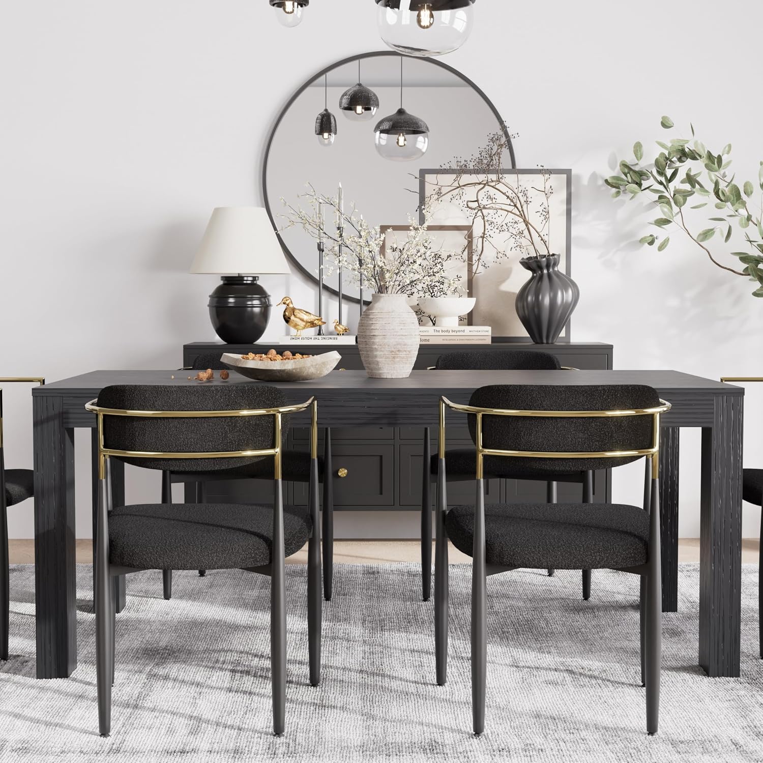 Baysitone Dining Chairs Set of 4 Mid-Century Modern Upholstered Boucle Dining Room Chairs Open Back Curved Backrest Black Metal Legs Gold Armchairs for Kitchen Living Room, Black(Only Chairs)