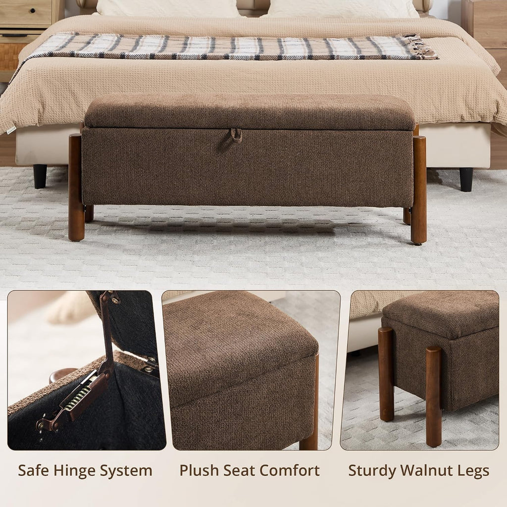 47'' Modern Storage Ottoman Benches with Walnut Wood Legs Ottoman Bench with 22 Gallons Storage Space Fabric Upholstered Seating End of Bed Bench for Bedroom for Livingroom Brown