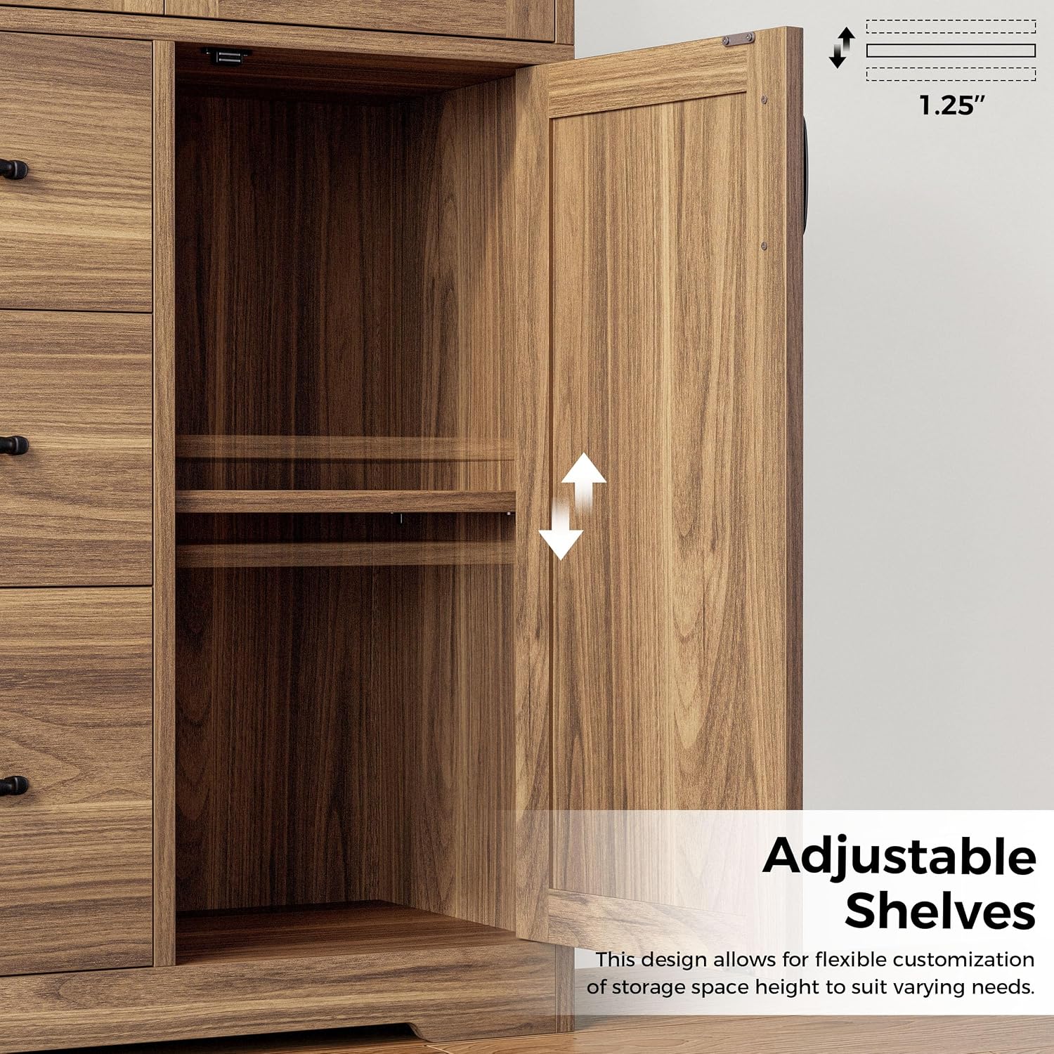 IRONCK Pantry Cabinet, Storage Cabinet with 3 Door & Drawer, Oak Brown | Adjustable Shelf. 67.5inch Tall. 5 Tier Freestanding. 150 lbs Per Shelf. Farmhouse Style. FSC-certified Wood. Anti-tip.