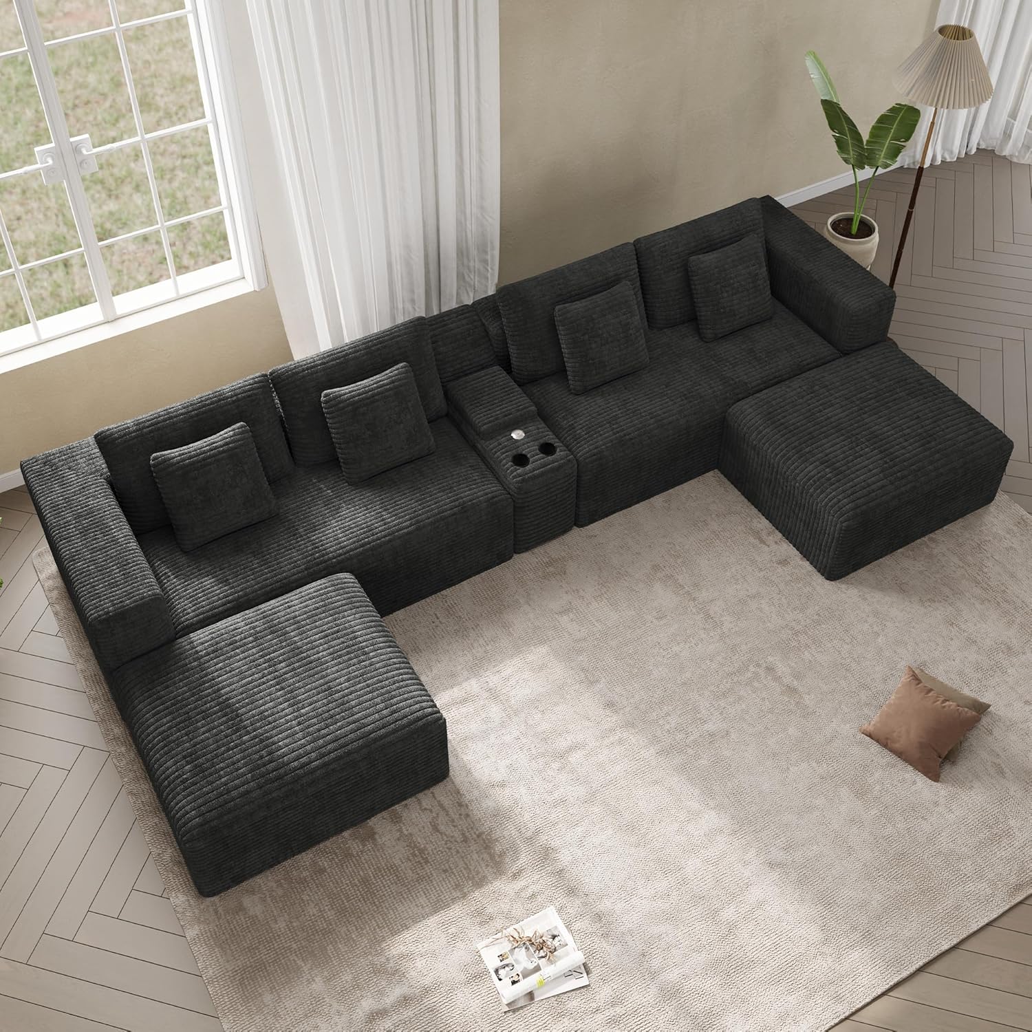 151" U Shaped Cloud Sectional Couch Modular Sofa, Comfy Oversized Couches for Living Room, Plush Corduroy Sectional Sofa Set with Ottoman Storage Console USB, Olive Dark Gray