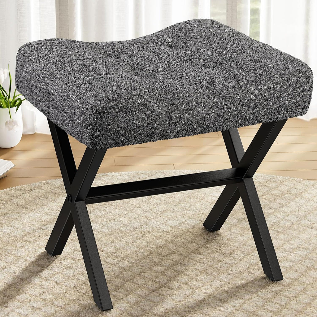 Memobarco 18-Inch Large Vanity Stool Chair, Gray Makeup Stool | Teddy Flannel Vanity Bench, Metal X-Leg, 350 LBS, 20"x16.9"x18", Ottoman Accent Stool, Breathable Soft Padded Saddle Seat