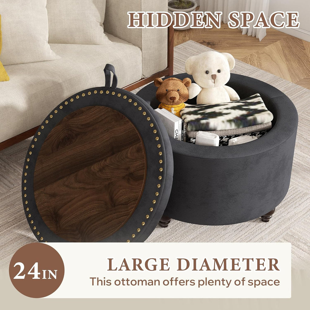 24 Inch Round Storage Ottoman,Modern Tufted Ottomans,Circular Coffee Table with Removable Top,Upholstered Large Ottoman with Storage Footrest Stool for Bedroom Living Room (Darkgrey)