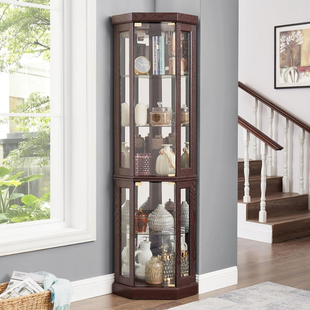 70" Lighted Corner Curio Cabinet,Inside Mirror Corner Glass Display Case with Tempered Glass Door for Living Room, Antique Collectibles, Wine & Bar Glass Storage, Lights Included