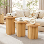 Nesting Coffee Table Set of 3, Fluted Round Nesting Tables Mid Century Modern Coffee Table Boho Wooden Accent End Table Set for Living Room Home Office Small Space