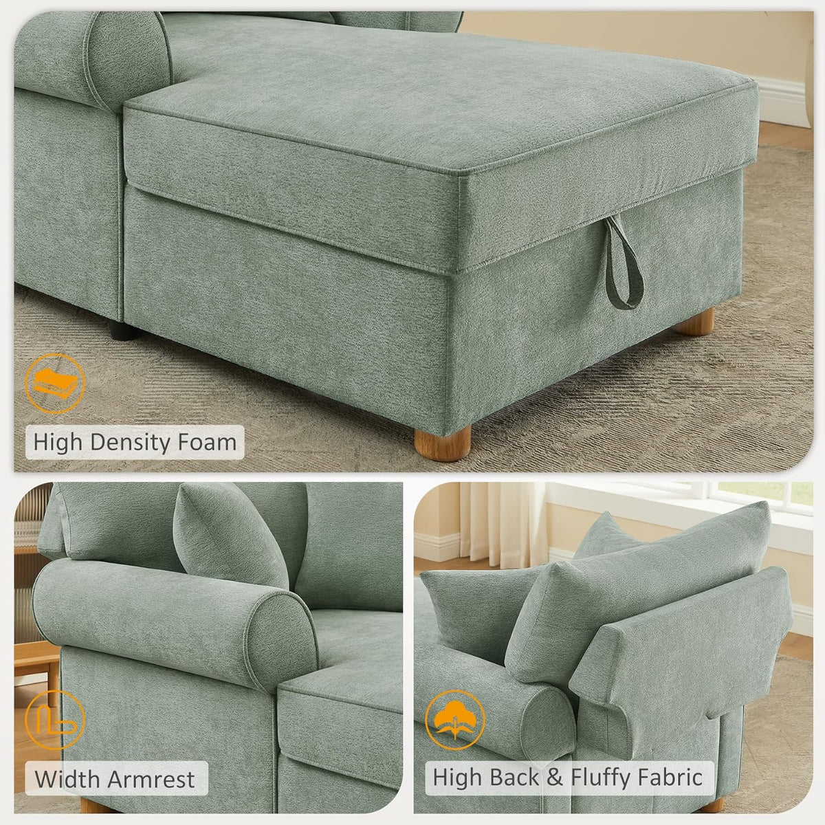 VANOMi Oversized Chaise Lounge Chair Indoor, Comfy Reading Chair with Storage, Chenille Upholstered Sleeper Chair with 2 Pillows Accent Armchair for Living Bedroom, Light Green