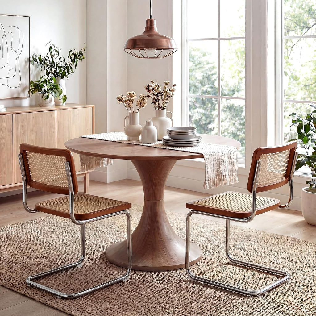 Rattan Dining Chairs Set of 2, Boho Modern Dining Chairs with Rattan Back, Curved Steel Base, Cantilever Kitchen Chairs for Kitchen, Living Room, Brown