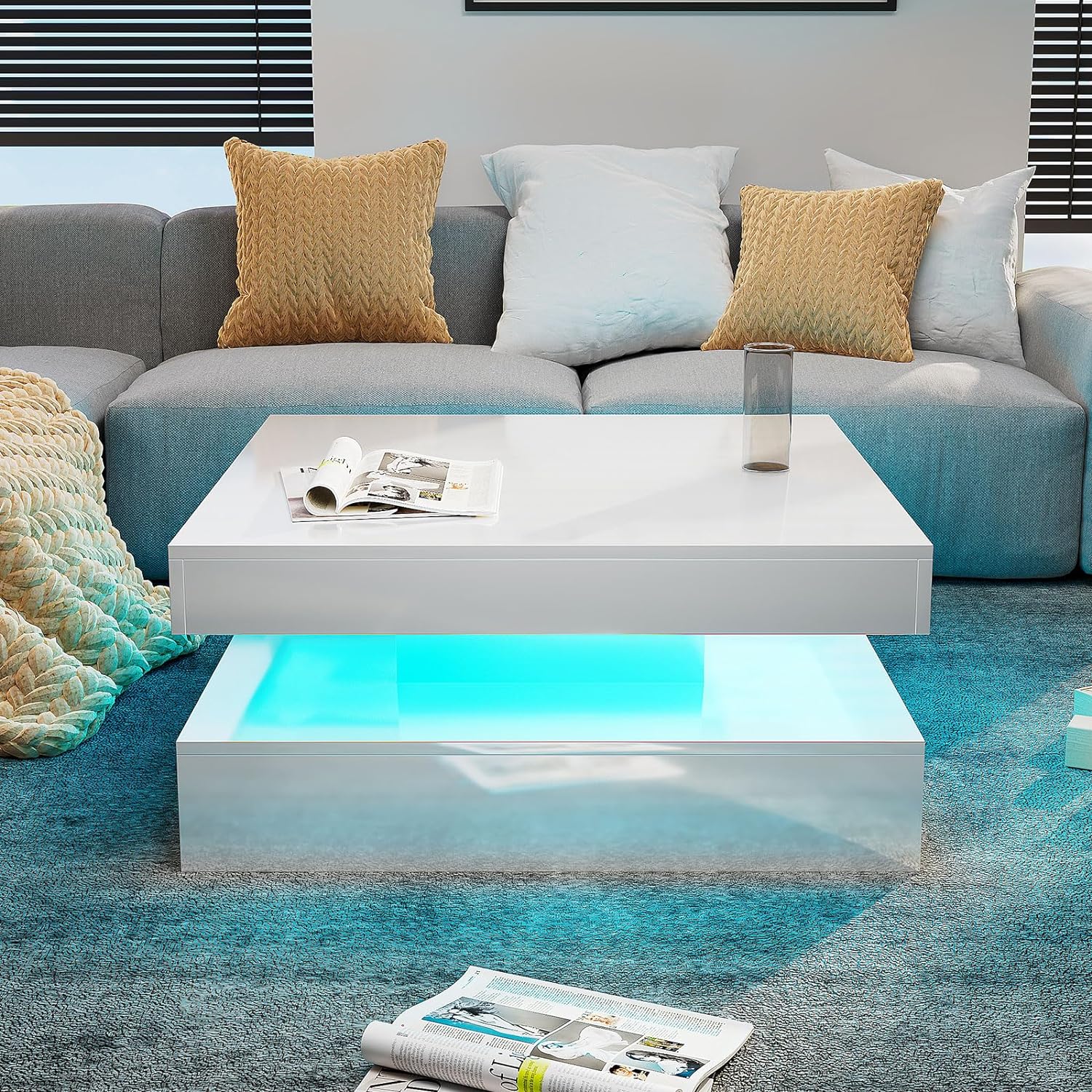 HedoAjim White LED Coffee Table for Living Room, 2-Tier Square Center Table Living Room Table, Modern High Glossy Contemporary Wood Coffee Tables with Storage, Suitable for Dining Reception