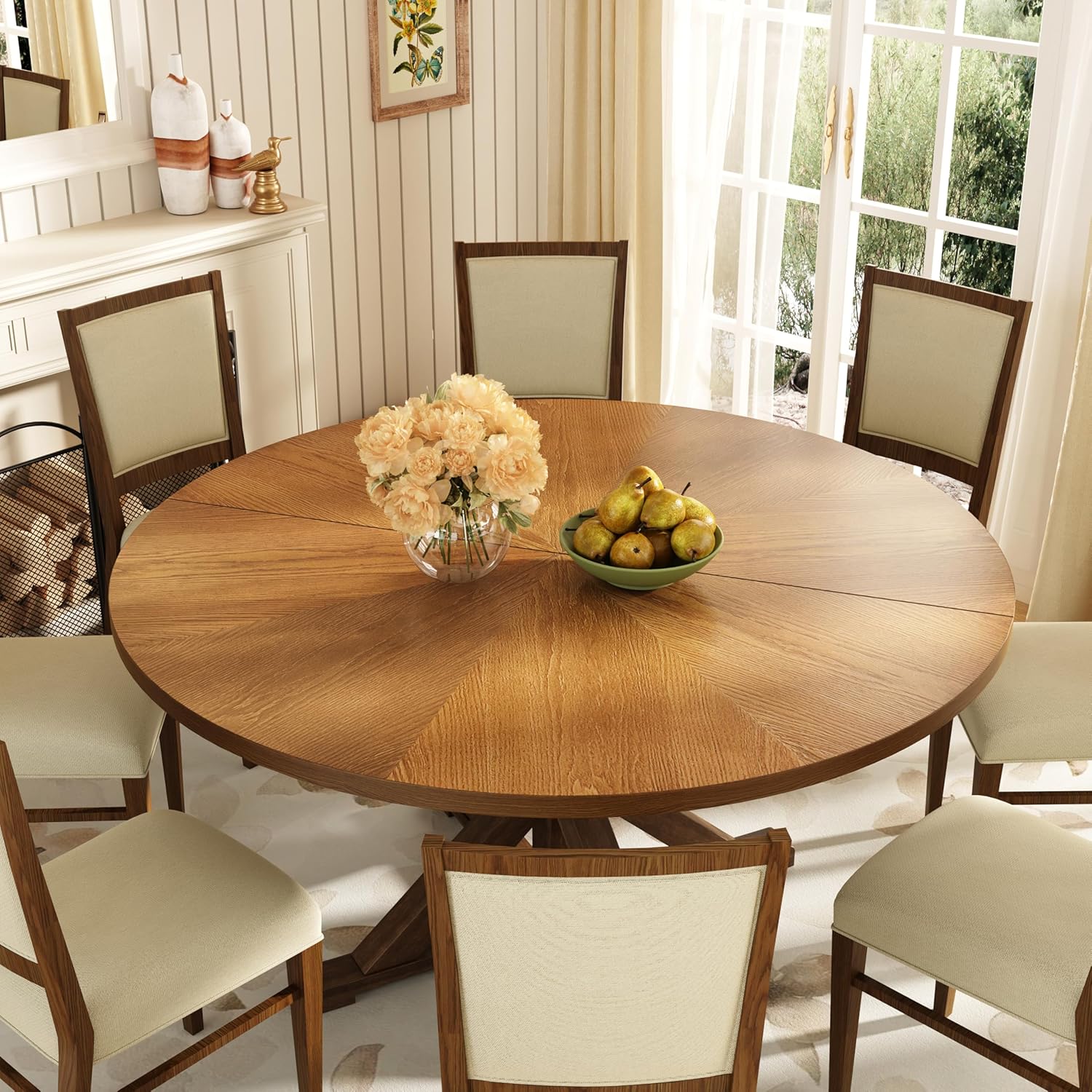 59" Solid Wood Round Dining Table for 6-8 People, Wooden Pedestal Base, Farmhouse Round Dining Room Table for Home Dining Room, Kitchen, Living Room